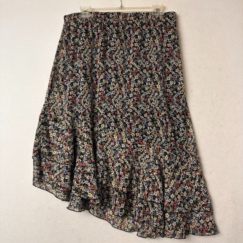 Cato Floral Asymmetrical Ruffle Midi Skirt Black Ditsy Print Tiered Womens L‎
